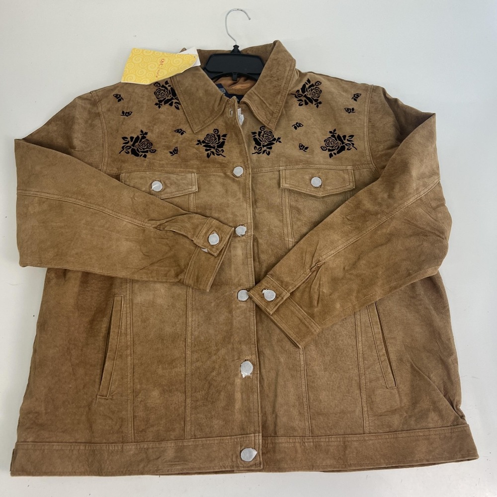 Denim & Co. Jacket Womens 1X Brown Leather Floral Western Button Front Roses
